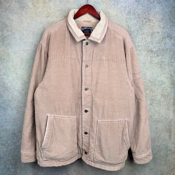 VTG 90s Wool Lined Corduroy Jacket Mens Sz L Tan Outdoor Coat Sherpa Line - Picture 1 of 10